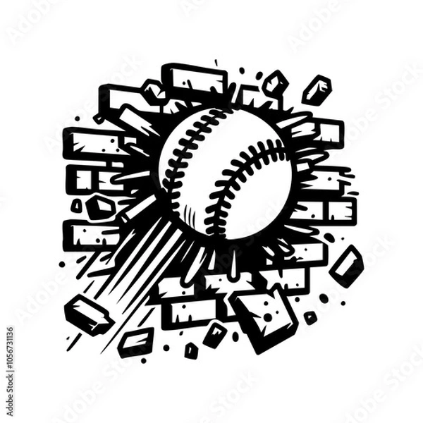 Obraz Minimalist Black and White Vector Illustration of Baseball Crashing Through Brick Wall