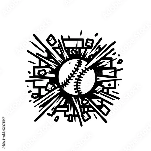 Obraz Minimalist Black and White Vector Illustration of Baseball Crashing Through Brick Wall