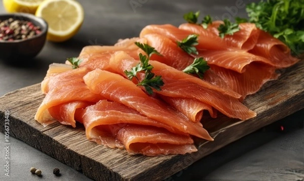 Fototapeta Slices of Traditional Norwegian Smoked Salmon with Parsley and Lemon on Rustic Wooden Chopping Board