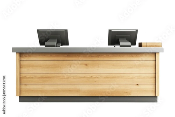 Fototapeta A modern, sleek checkout counter with two monitors, isolated on transparent or white background