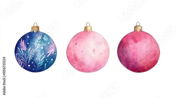 Fototapeta Colorful watercolor ornaments in pink and blue, perfect for holiday decorations or festive crafting projects.