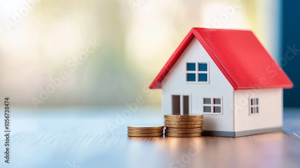 Obraz small model house with red roof sits beside stacks of coins, symbolizing real estate investment and financial growth. This captures essence of home ownership and wealth accumulation.