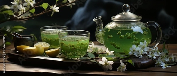Fototapeta Refreshing Green Tea with Lemon and Blossoms