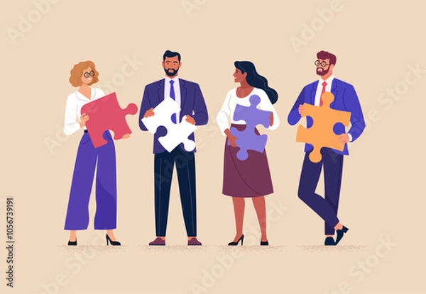 Fototapeta Business Teamwork Concept. Vector illustration in a flat style of diverse smiling people standing at full height with puzzle pieces in their hands. Isolated on background.