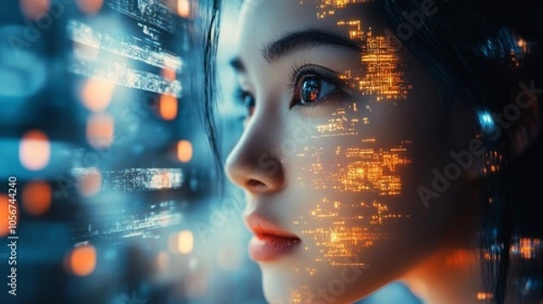 Fototapeta A Woman's Face with Digital Code Overlay