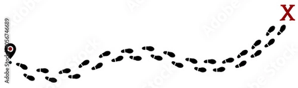 Obraz Winding trail of isolated black footprints extends horizontally, starting with a location pin on the left and ending with an X mark on the right. The footsteps suggest a journey or path.
