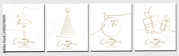 Fototapeta Vector set of continuous line greeting cards of gold new year tree, ball, ballerina and gift box. Merry Christmas concept on white background