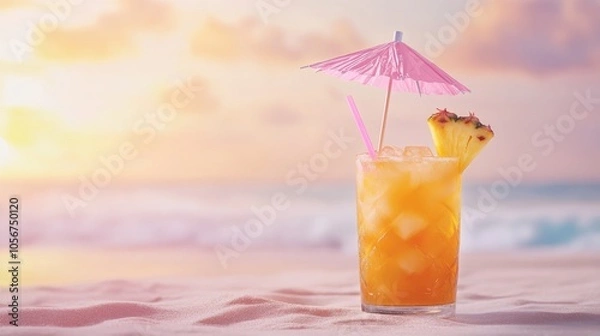 Fototapeta Refreshing cocktail with ripe pineapples a straw and a pink umbrella against a sandy beach backdrop embodying summer leisure and vacation vibes in soft pastel tones