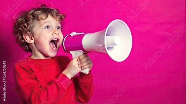 Obraz Child announcement speaking through a megaphone on pink background for announcement promotion