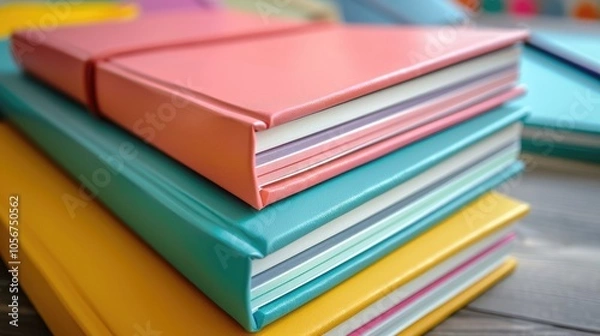 Fototapeta Notebooks with colored covers on the table. Space for text.