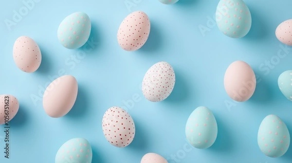 Fototapeta Pastel Easter eggs arranged on a blue background in a flat lay composition