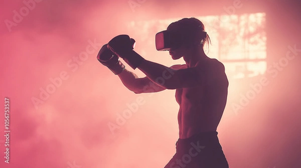 Fototapeta Silhouette of Person Throwing Punches with VR Gear, emphasizing motion and power against a soft-lit background