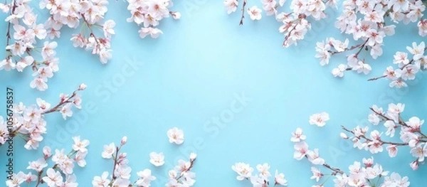 Fototapeta Spring Floral Frame With Blooming Cherry Tree Branches On Pastel Blue Background With Copy Space