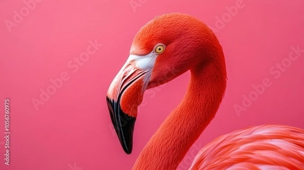 Fototapeta Close up portrait of a vibrant pink flamingo bird set against a solid pink backdrop