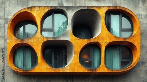 Fototapeta Abstract architectural facade featuring rounded windows and orange accents.