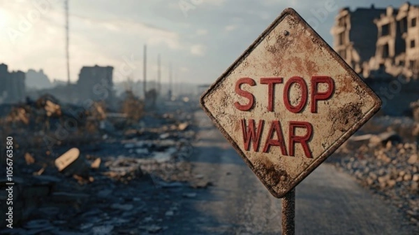 Fototapeta A road sign reading STOP WAR stands among ruins representing a call for compassion Let s come together to create a peaceful non violent world