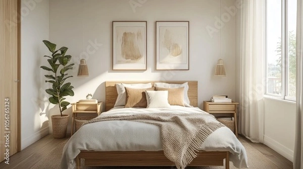 Fototapeta Scandinavian style bedroom featuring neutral decor and artwork above the bed showcasing a minimalist aesthetic