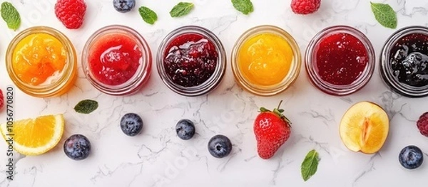 Fototapeta Jars With Different Jams And Fresh Fruits On White Marble Table Flat Lay