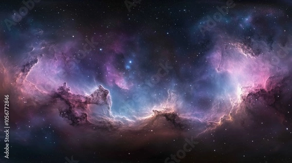 Obraz Explore a stunning cosmic nebula with vibrant gases and twinkling stars in a 360-degree panorama.