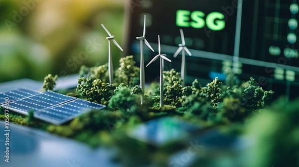 Fototapeta Green energy and esg concept with miniature windmill, Generative AI