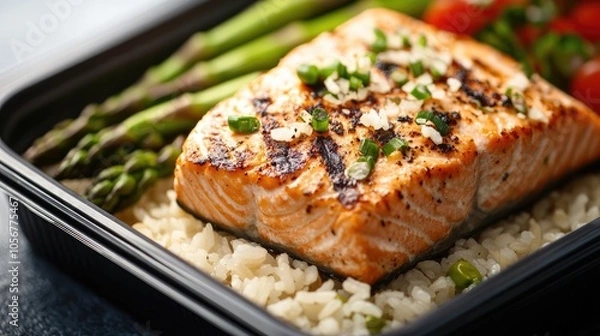 Fototapeta Meal of rice topped with grilled salmon and asparagus served in a container Healthy lunch option for nutritious catering and balanced diet
