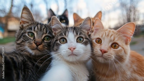 Obraz A group of cats posing for a selfie with a soft focused background