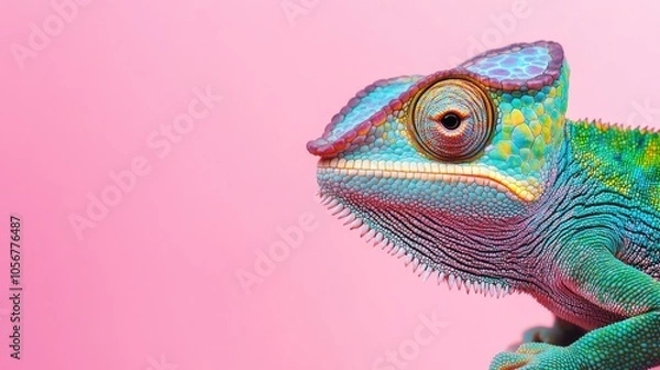 Fototapeta Colorful chameleon in full body framed to the right against a pink background