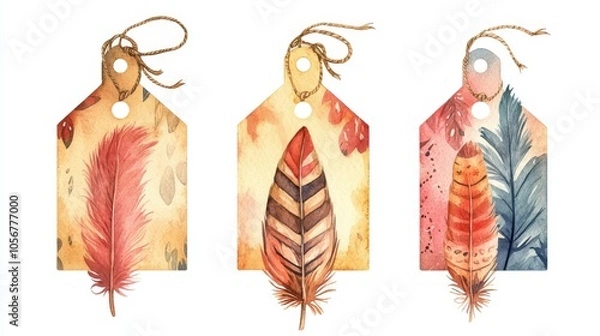 Fototapeta Watercolor Illustration of Three Tags with Feathers