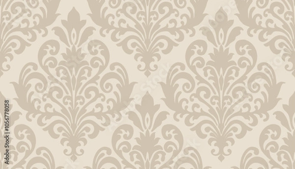 Fototapeta Light beige damask floral pattern with subtle symmetrical swirls on a pale background. Damask seamless pattern.