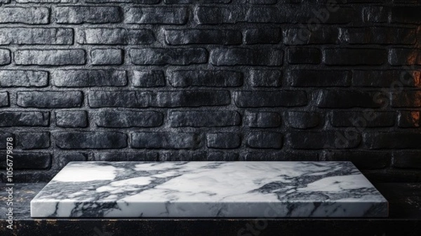 Fototapeta White marble tabletop against a dark brick wall ideal for showcasing products High resolution image