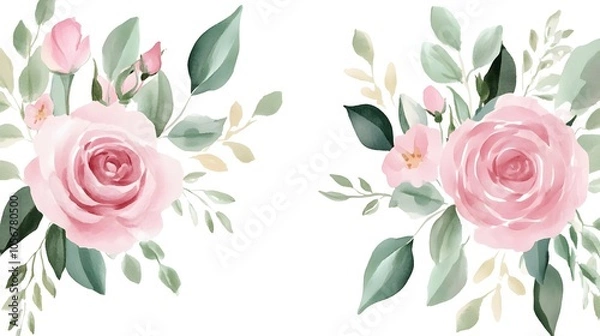 Fototapeta Watercolor Pink Rose Floral Arrangement with Soft Green Leaves, Isolated on White Background, Perfect for Elegant and Delicate Botanical Designs