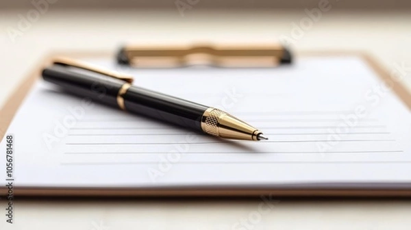 Fototapeta A Gold-Trimmed Pen Resting on a Clipboard with Lined Paper