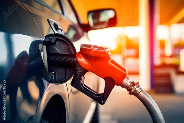 Fototapeta Driver using a fuel app to track gas station prices and choose the best moment to refuel efficiently
