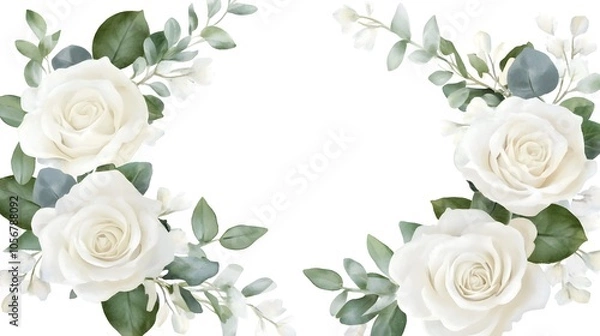 Fototapeta Watercolor White Roses and Eucalyptus Wreath with Greenery Leaves on White Background, Featuring a Central White Space for Text in an Elegant Clipart Illustration Style