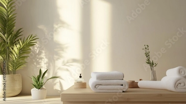 Fototapeta A white wall with a plant and a vase on it. There are two white towels on a wooden table