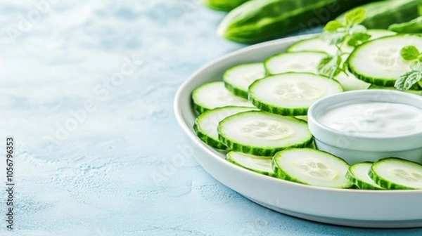 Fototapeta Freshly sliced cucumbers with creamy dip a healthy snack delight