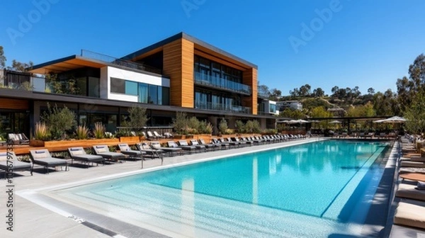 Fototapeta Modern Building with Rooftop Pool and Clean Lines