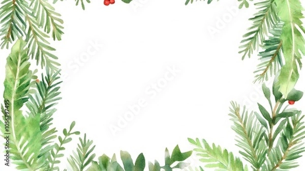 Fototapeta Watercolor Christmas Greenery Wreath with Square White Space Center, Perfect for Holiday Clipart on White Background, Featuring Evergreen Leaves, Berries, and Festive Seasonal Design Elements