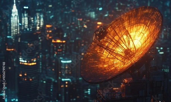 Fototapeta A close-up of a glowing satellite dish capturing signals against a night cityscape, showcasing technology and innovation