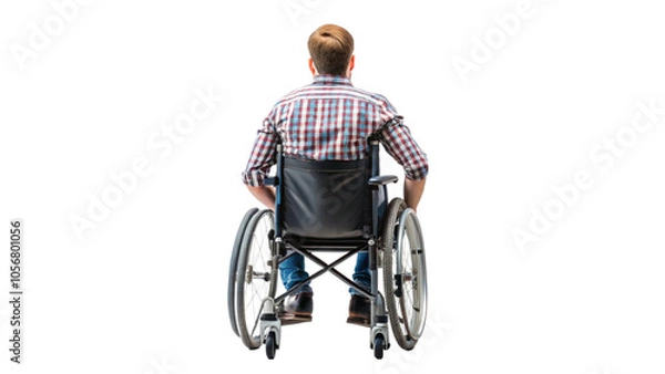 Fototapeta Disable young man in wheelchair back side view on transparent background