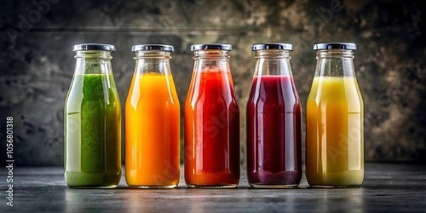 Fototapeta A colorful collection of bottled beverages showcasing various flavors and shades of green, orange, red, and yellow, arranged neatly on a rustic wooden surface.