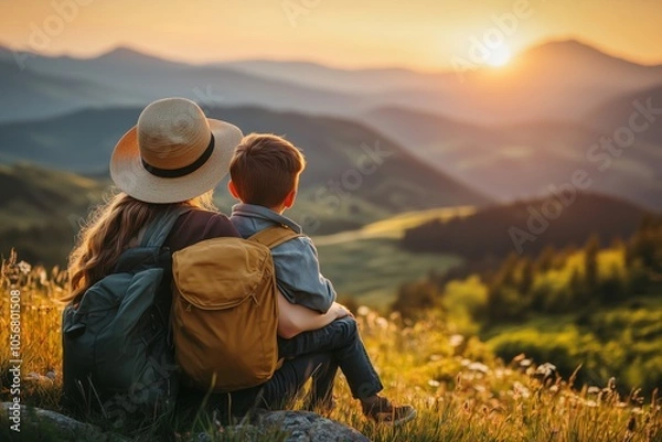 Obraz Mom and child exploring mountain vistas at sunset panorama in landscape