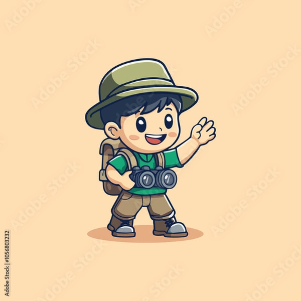 Fototapeta Adventurous Cartoon Boy with Hat and Binoculars Waving on Beige Background
