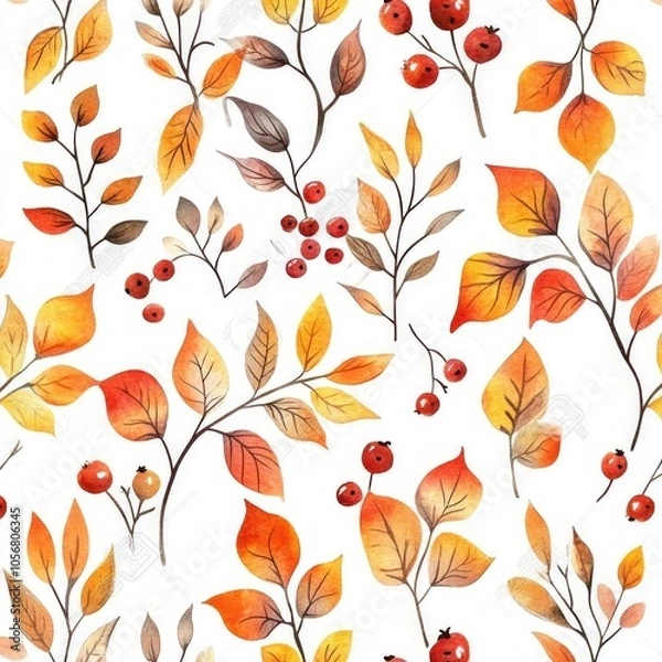 Fototapeta Autumn Watercolor Leaves and Berries Pattern