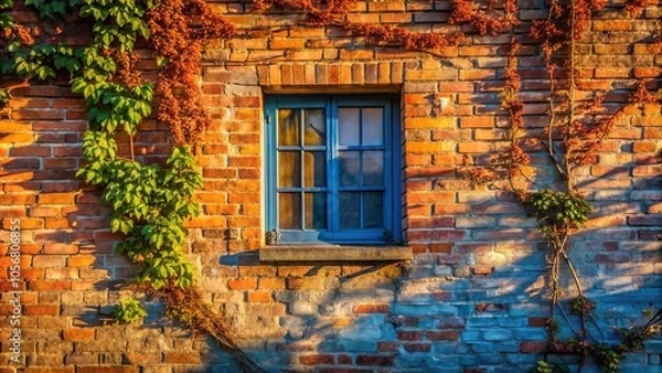 Fototapeta Sunlight Illuminates a Brick Wall With a Blue Window and Vines Growing Up the Side