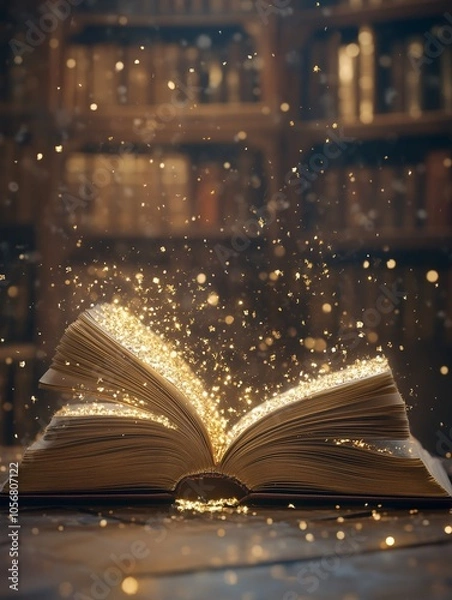 Fototapeta Open Magic Book with Light Glowing, Magical Book in Library with Gold Glitter Effect, Mystery Fantasy Book Fairytale