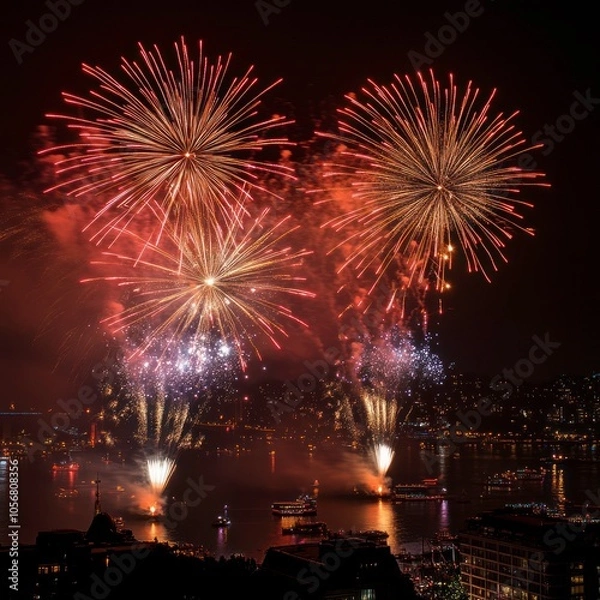 Fototapeta New Year fireworks display at night