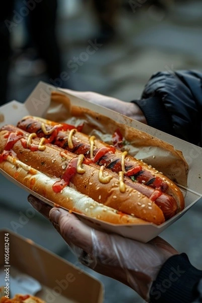 Fototapeta Quick bite on the go: hands with hot dog in a paper tray