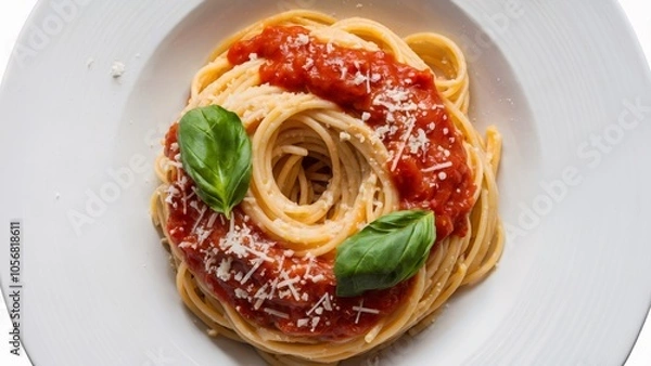 Fototapeta Delicious plate of spaghetti topped with fresh tomato sauce, basil, and cheese, representing authentic Italian cuisine. Culinary meal concept