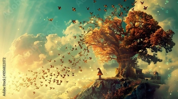 Fototapeta Dreamy Landscape with a Girl and a Tree